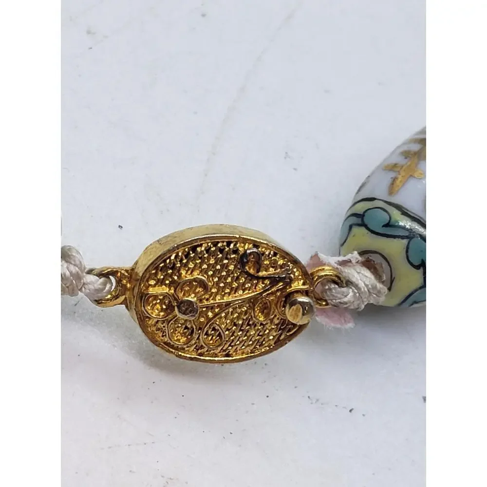 Vintage Chinese Import Porcelain Bead Necklace Hand Painted Gold Clasp Floral